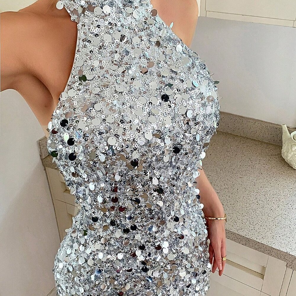 Silver Elegant Women's halter Collar Sexy Sleeveless ho9lidaySequin